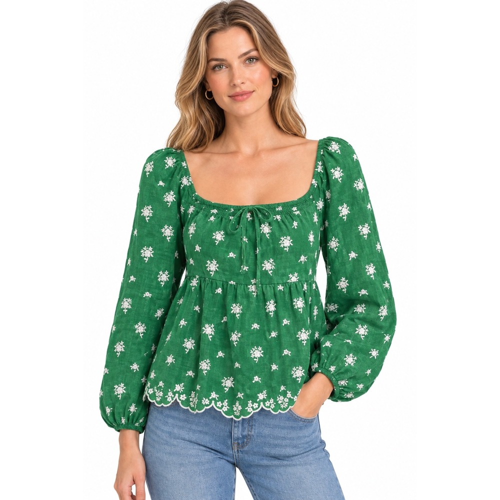 Roller Rabbit Green Floral Embroidered Linen Smocked Top Scallop Hem Size M